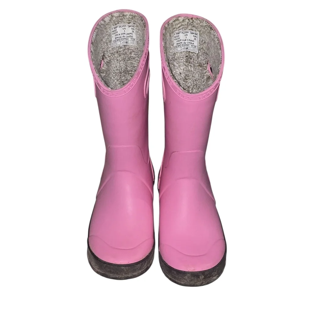 BOGS Plush Rain Boots Kids Size 3 Pink Faux Fur Lined Waterproof Boots